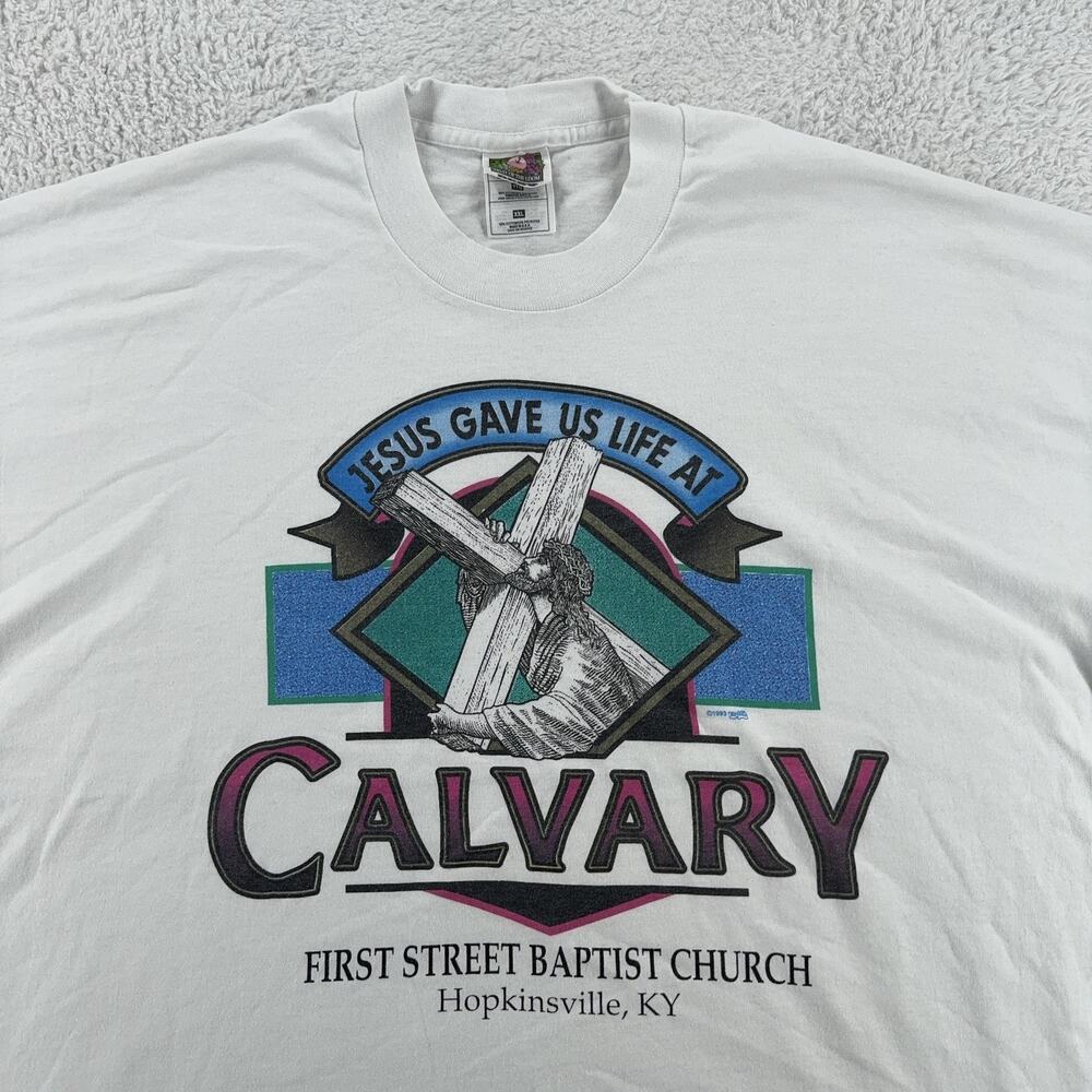 VINTAGE Calvary Jesus Gave Us Life Shirt Mens XL White Made USA 90s Baptist